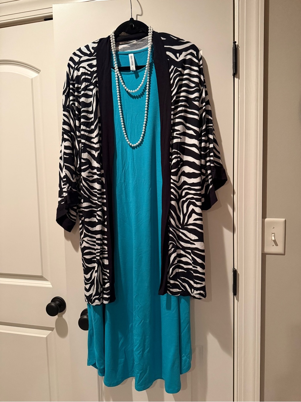 3piece set Women's Black&White Zebra Open-Front Jacket with Teal Dress/necklace